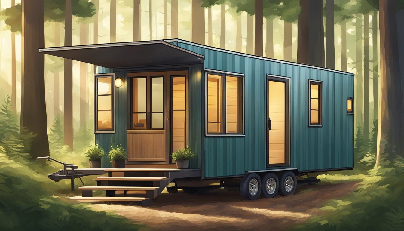 A tiny house trailer parked in a serene forest clearing, surrounded by tall trees and dappled sunlight filtering through the branches