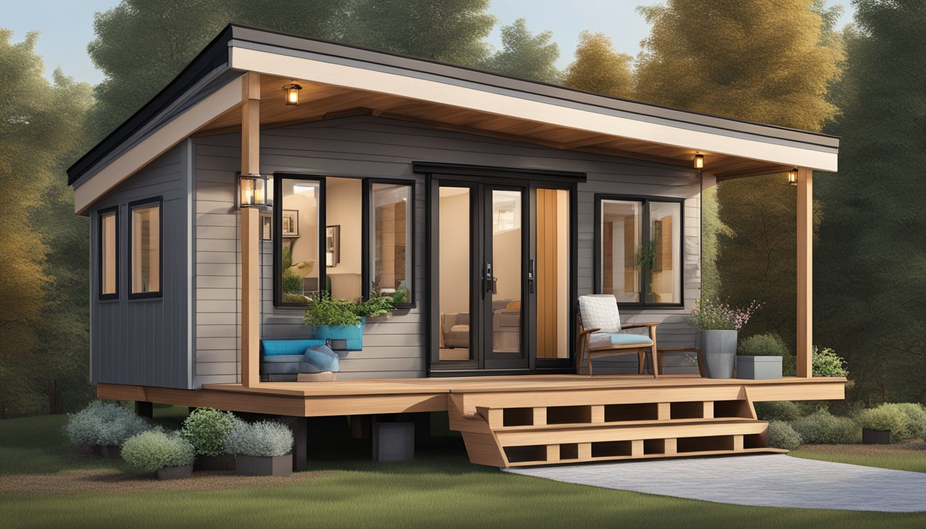 A cozy tiny house with a loft, featuring large windows, a pitched roof, and a small outdoor deck