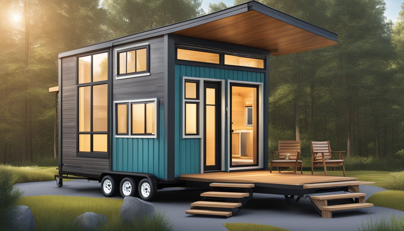 A tiny house trailer with built-in safety and mobility features, including ramps and handrails, parked in a scenic outdoor setting