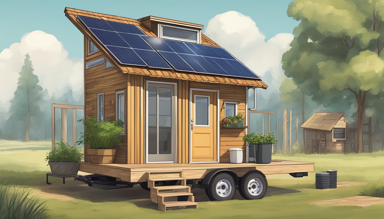 A tiny house on wheels with solar panels, rainwater collection system, and composting toilet