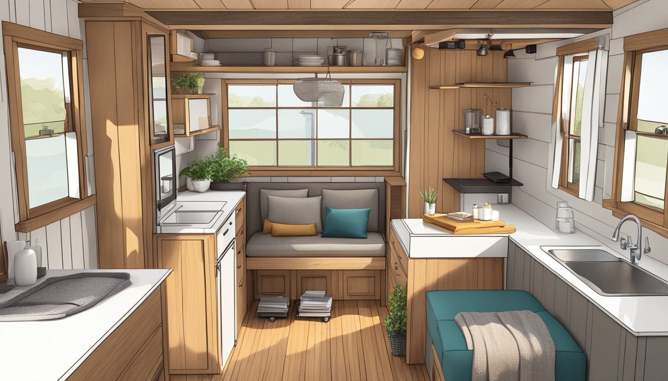 A cozy tiny house on wheels with a functional interior layout, featuring a living area, kitchenette, sleeping loft, and compact bathroom