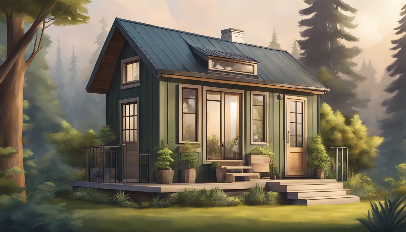 A cozy tiny house nestled in a lush forest, with a sloped roof, large windows, and a small porch with potted plants