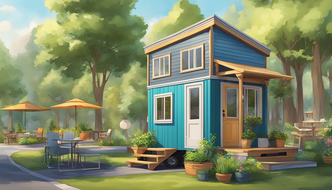 A cozy tiny house on wheels nestled in a vibrant community, surrounded by lush greenery and a variety of outdoor amenities