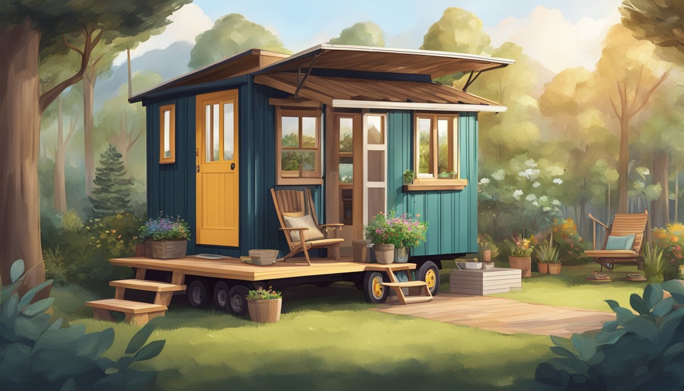 A cozy tiny house on wheels surrounded by trees and a small garden, with a hammock and outdoor seating