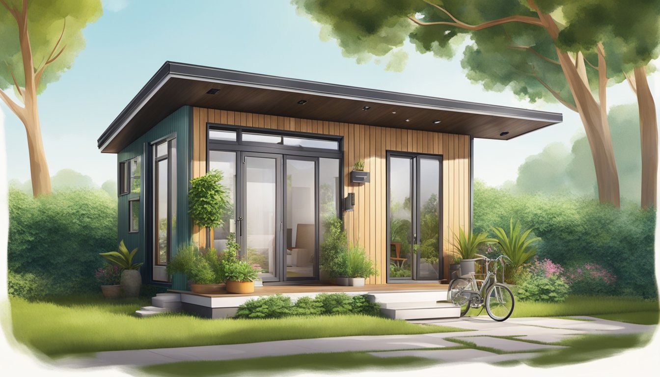 A small, modern tiny house surrounded by lush greenery, solar panels on the roof, and energy-efficient windows