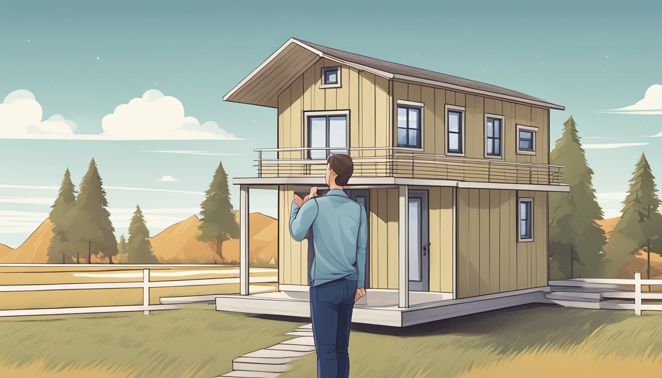 A person holding a set of tiny house blueprints, standing in front of a small, minimalist house with a scenic background