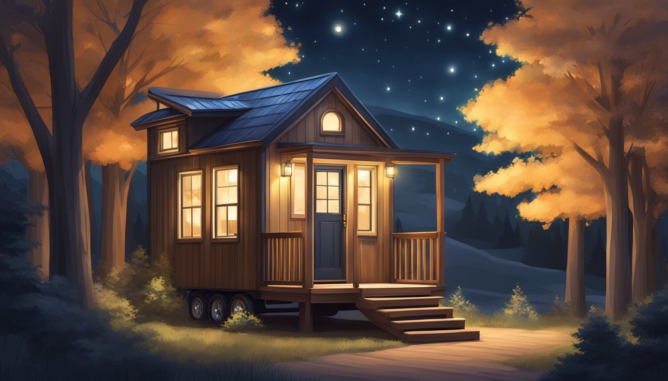 A cozy tiny house with warm exterior lighting, nestled among trees with a clear view of the starry night sky