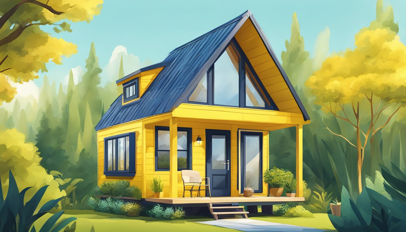 A tiny house with a vibrant yellow exterior surrounded by lush greenery and a clear blue sky