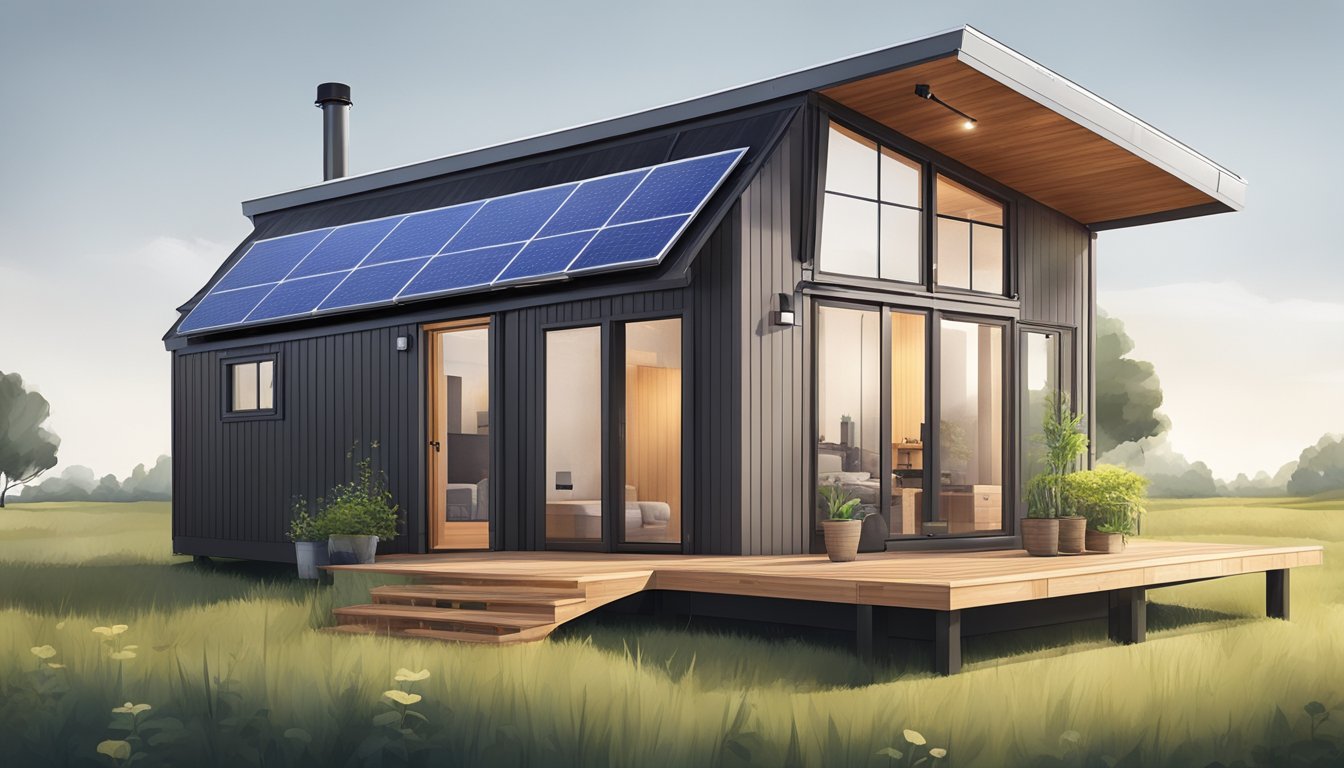 A tiny house with solar panels, rainwater collection system, and a fold-down deck for outdoor space