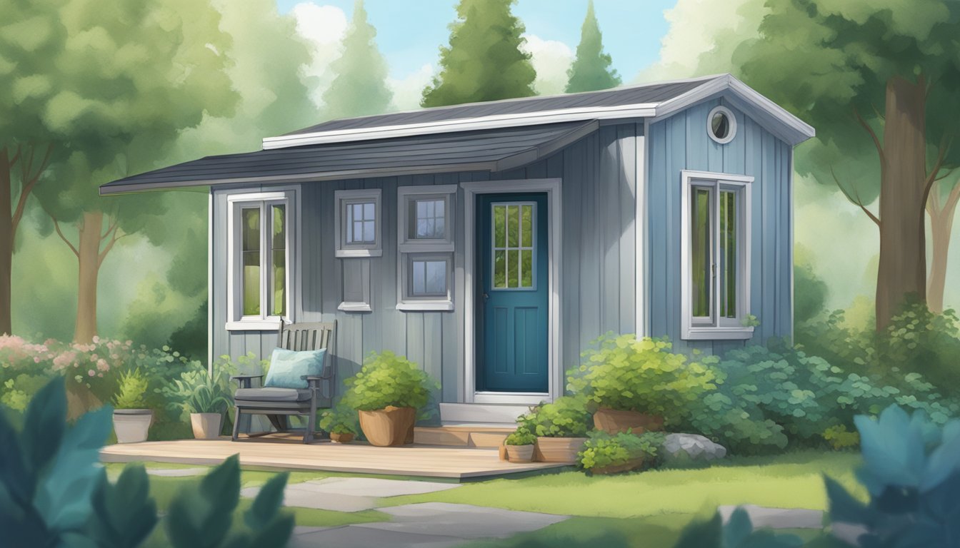 A tiny house surrounded by lush greenery in a temperate climate, with a color palette of soft blues, greens, and grays on the exterior