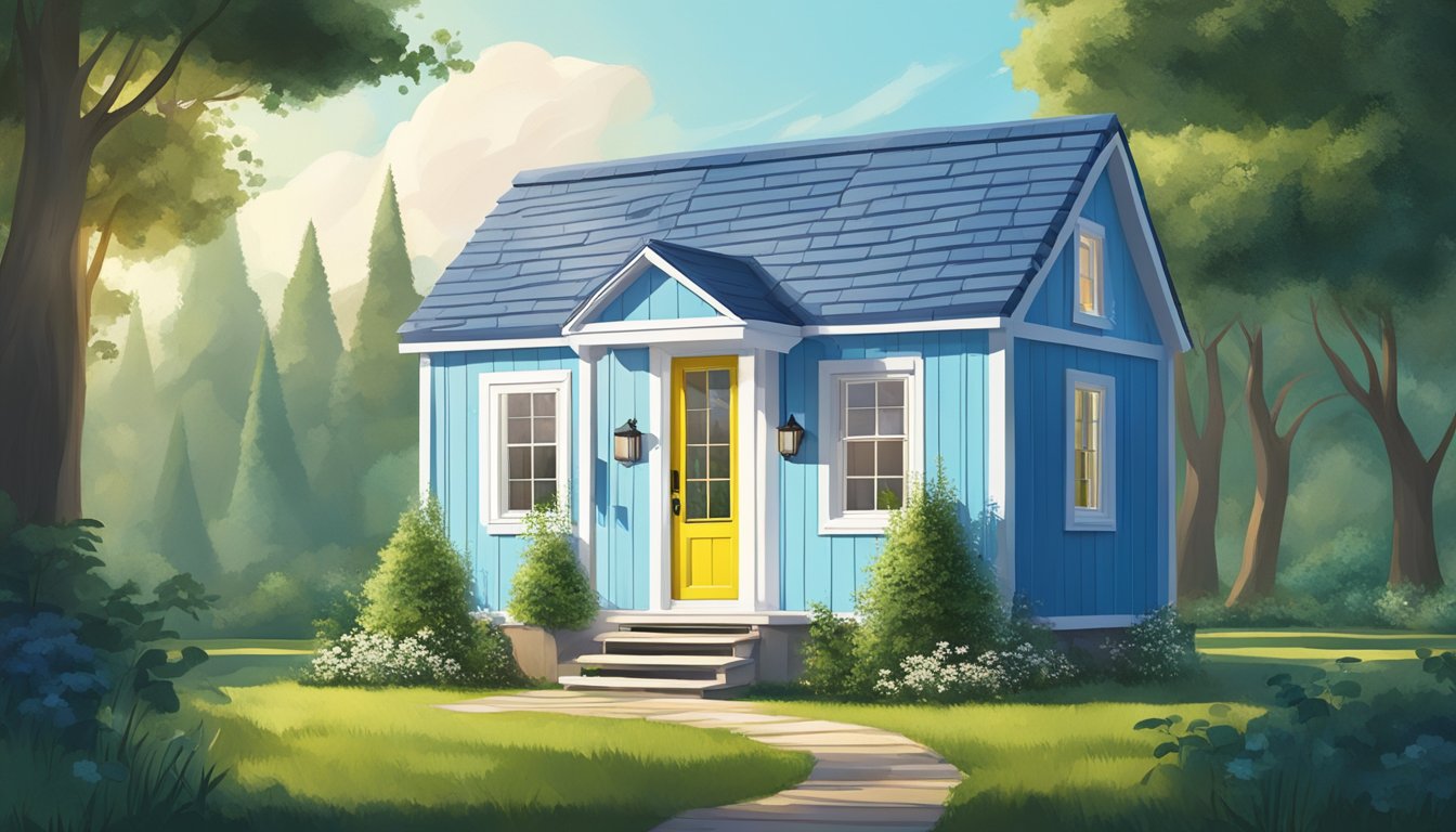 A tiny house with a white exterior and a bright blue door, surrounded by lush greenery and a clear blue sky