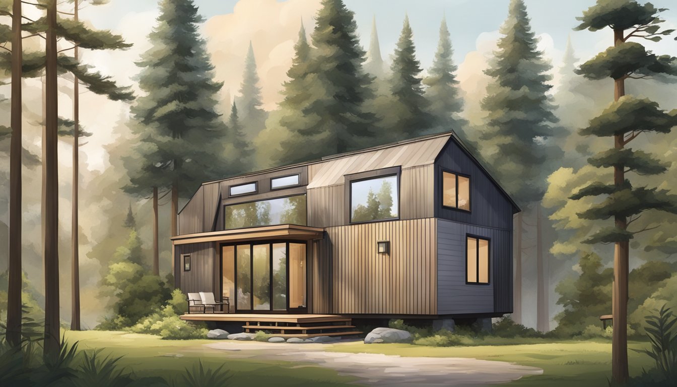 A tiny house with a neutral exterior color palette blends seamlessly with the natural surroundings, nestled among tall trees and lush greenery