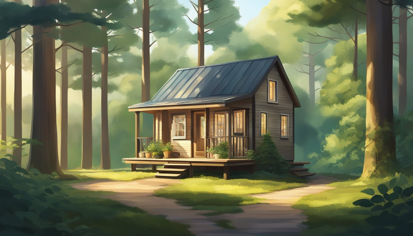 A tiny house nestled in a serene forest clearing, surrounded by tall trees and dappled sunlight filtering through the leaves