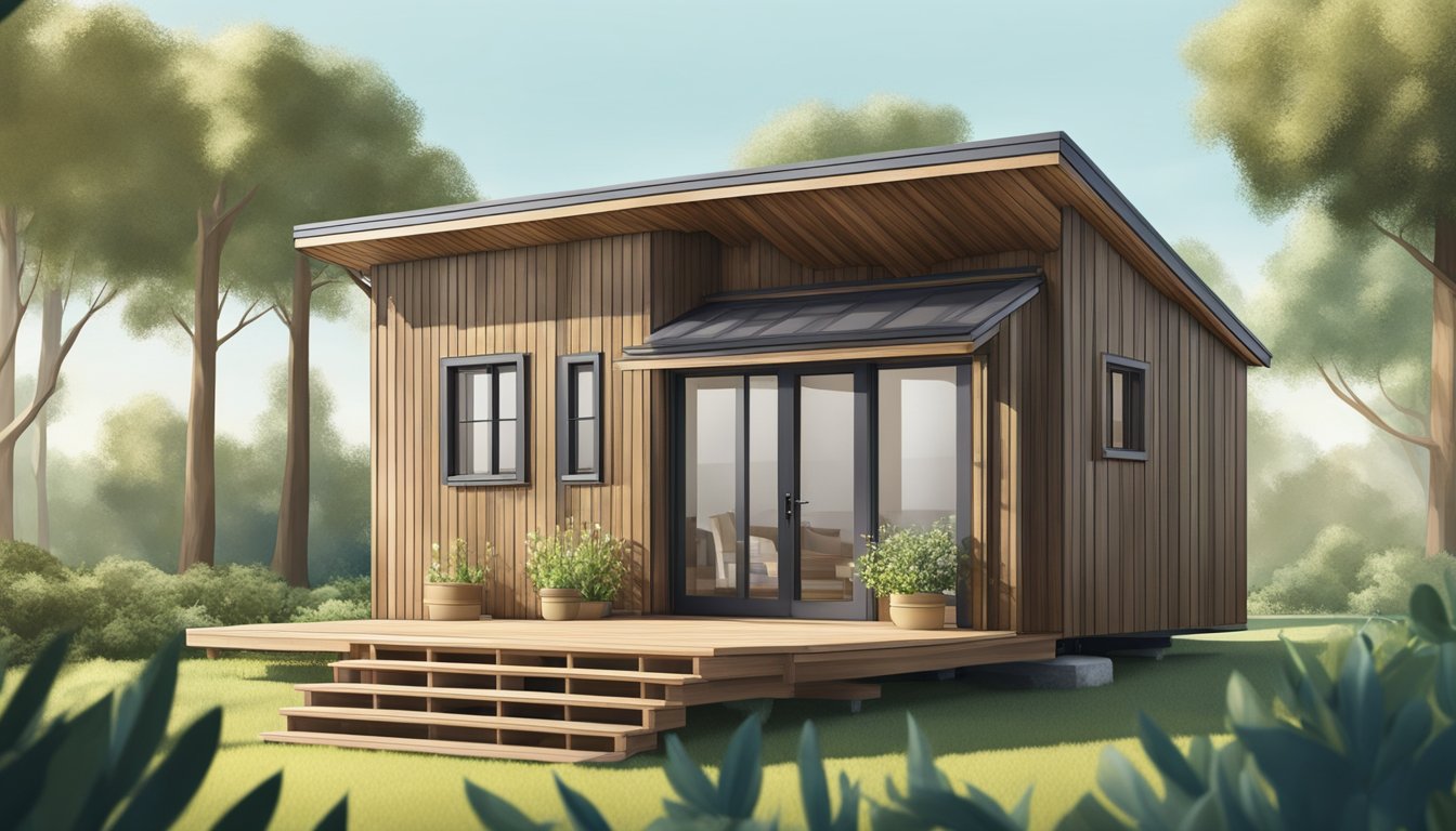 A tiny house with durable exterior materials in earthy tones, surrounded by lush greenery and under a clear blue sky