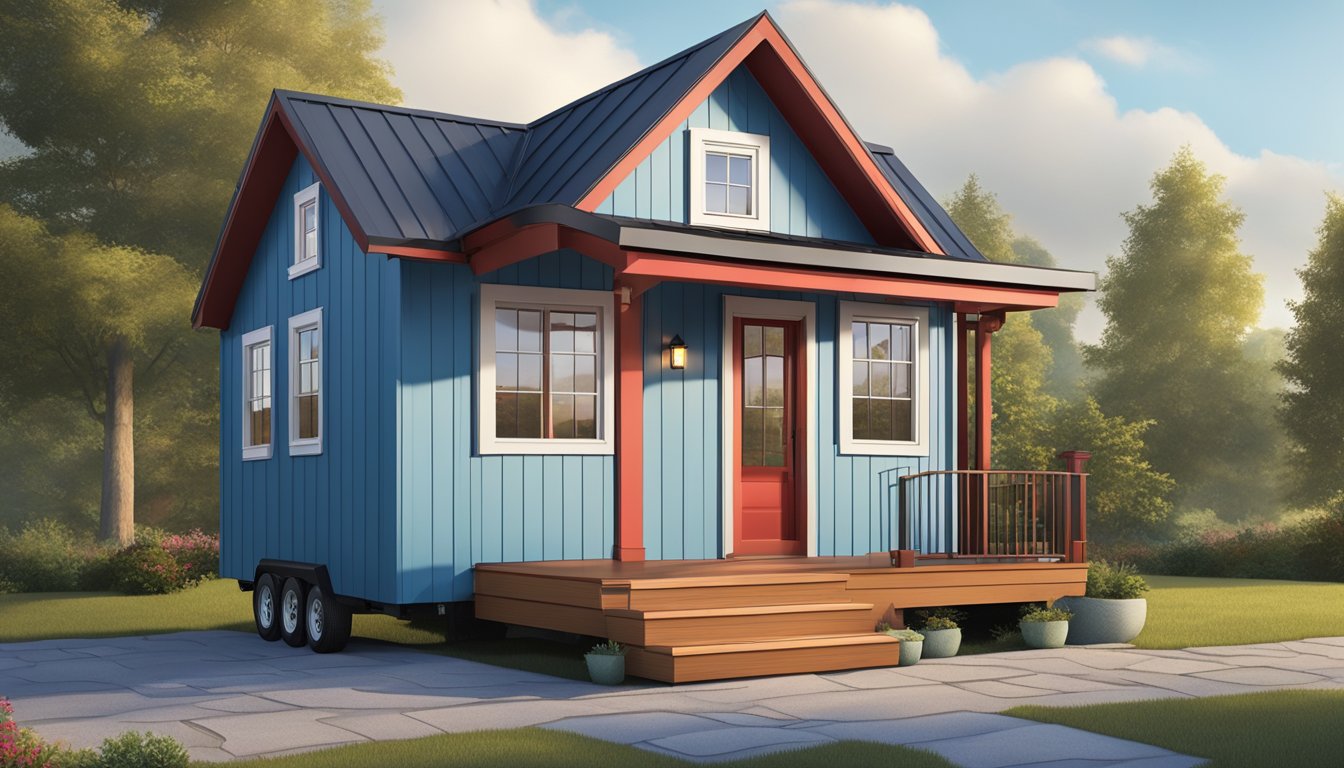 A tiny house with bold red trim and a soft blue exterior, featuring large windows, a sloped roof, and a charming front porch