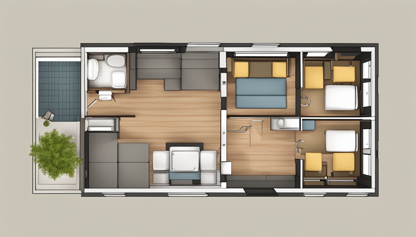 A top-down view of a tiny house floor plan with labeled rooms and furniture layout