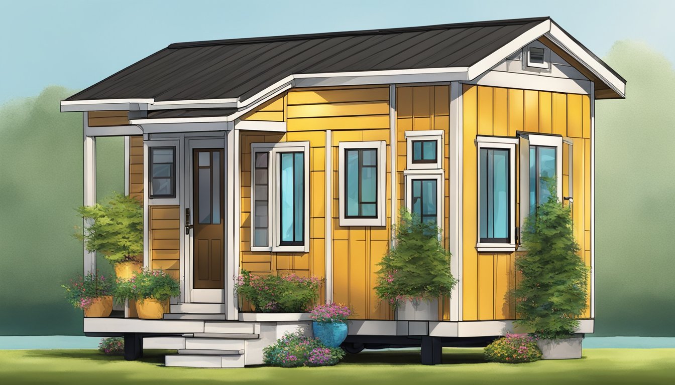 A tiny house exterior with vibrant, contrasting colors to maximize visual impact and create a sense of innovation and creativity in the small space