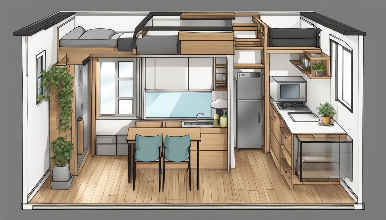 A cozy tiny house floor plan with multifunctional furniture and clever storage solutions