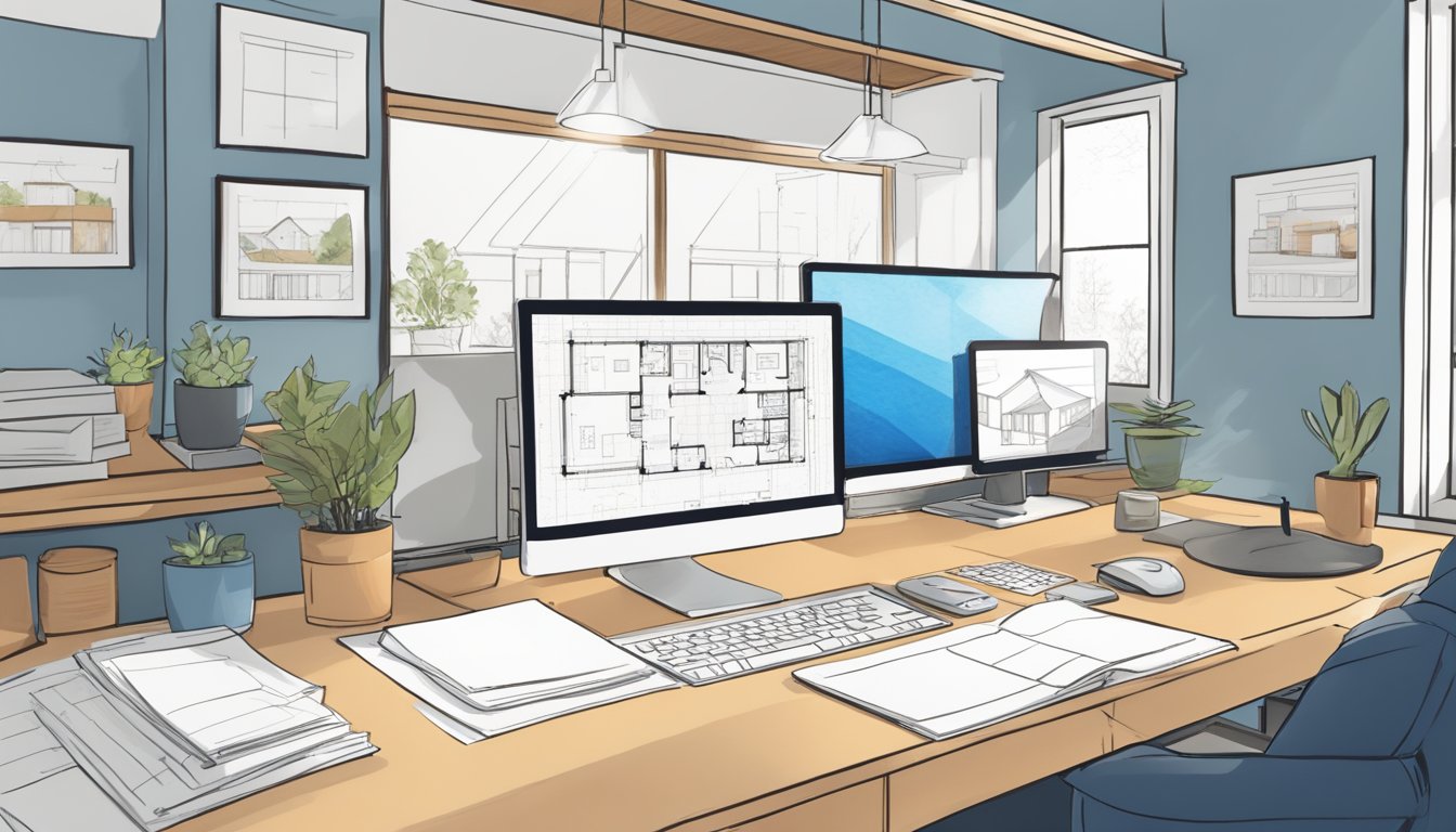 A person stands in front of a computer, pointing at a floor plan of a tiny house on the screen. Blueprints and a ruler are spread out on the desk