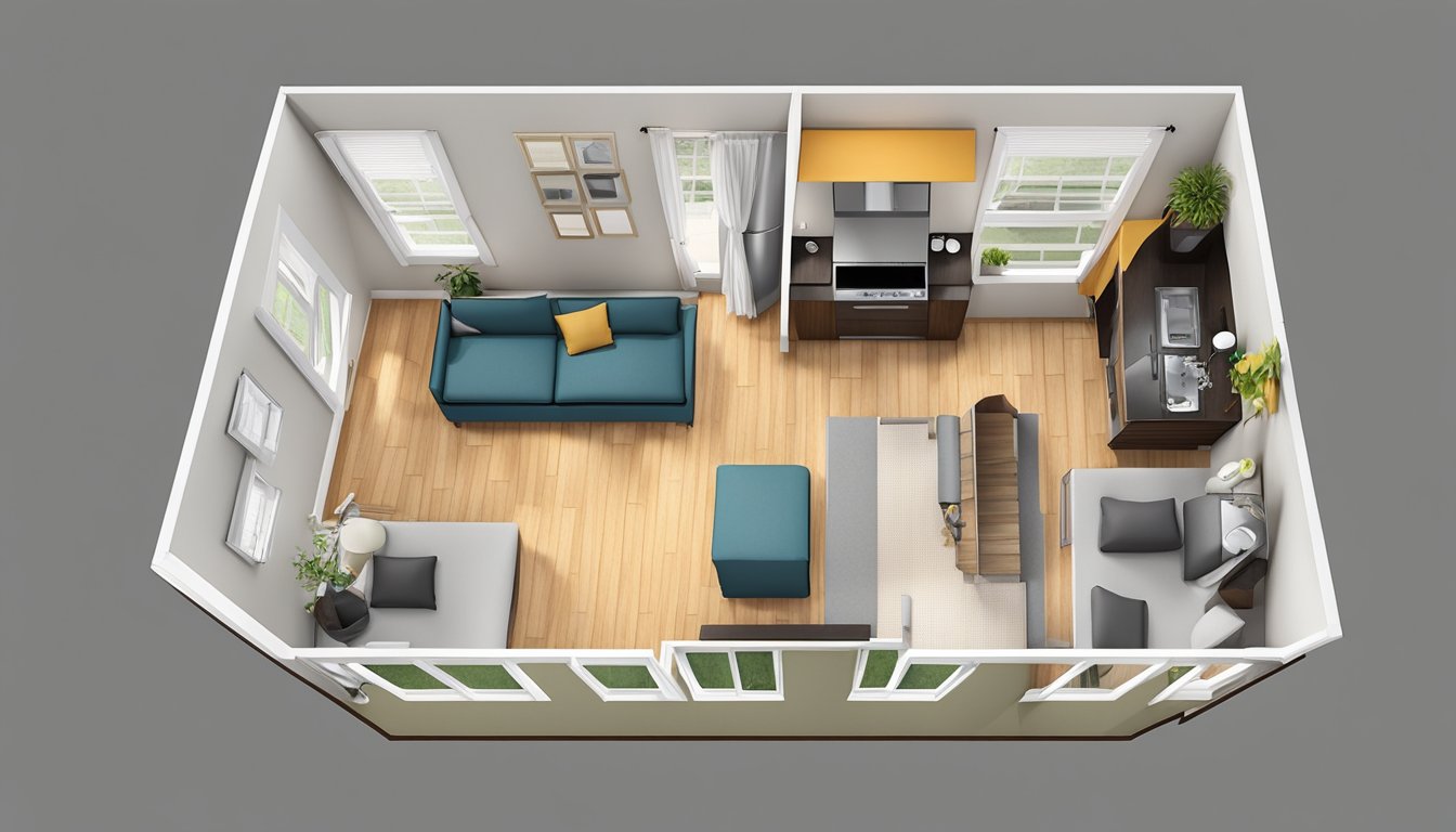 A bird's eye view of a simple, open floor plan for a tiny house with a loft, kitchen, living area, and bathroom