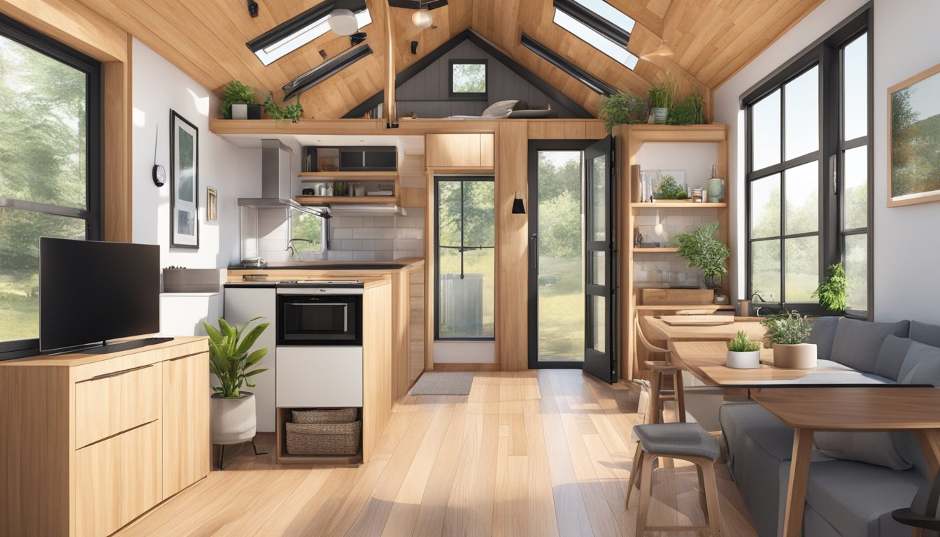 A cozy, open floor plan tiny house with multi-functional furniture, large windows, and efficient use of space