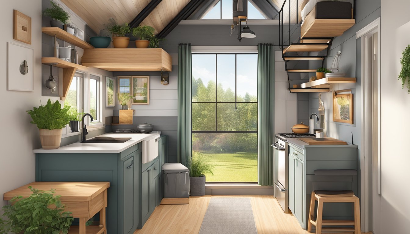 A cozy tiny house floorplan with open living space, compact kitchen, and loft bedroom