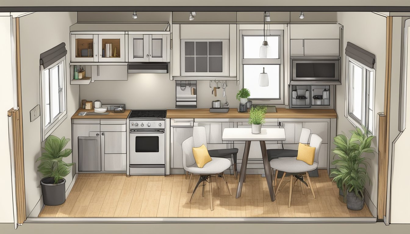 A compact, well-organized floorplan for a tiny house, featuring multi-functional furniture and space-saving design elements