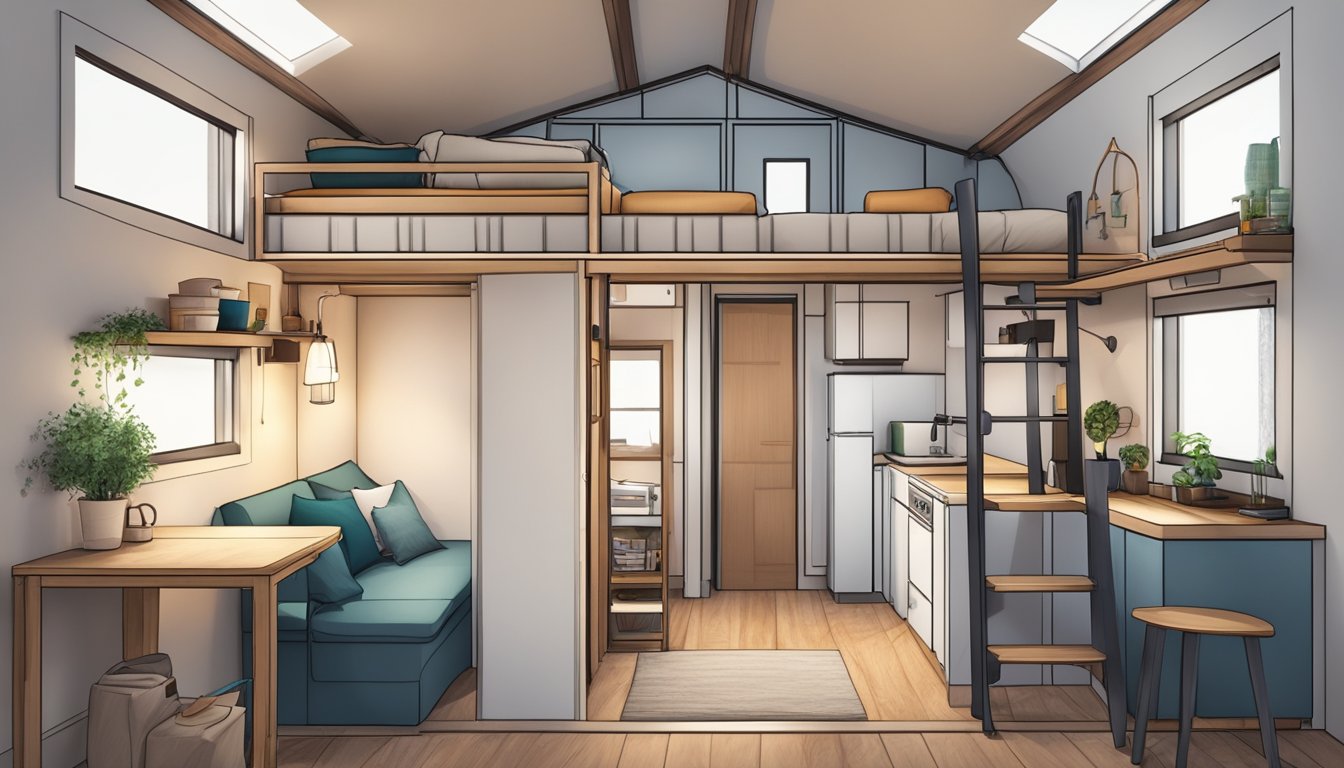 A cozy, minimalist interior with a lofted bed, compact kitchen, and multifunctional living area in a Tiny Houses floorplan