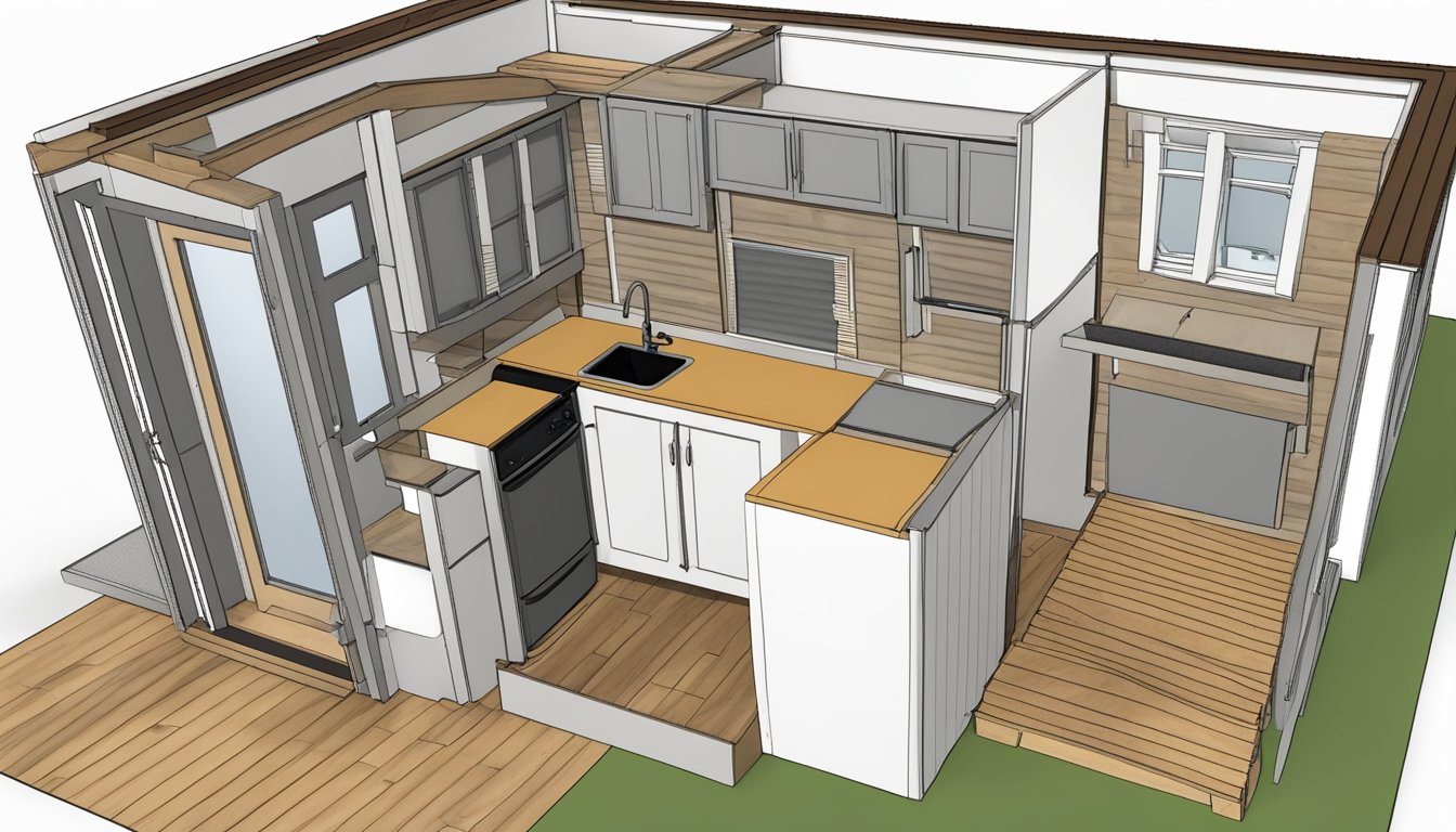 A cozy, compact floorplan for a tiny house, with space-saving features and affordable materials