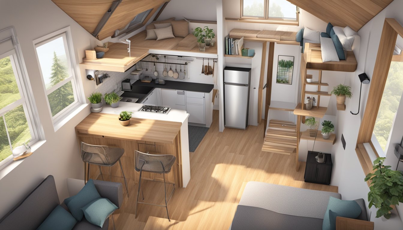 A tiny house with open floor plan, featuring movable furniture and foldable fixtures for maximum flexibility and mobility