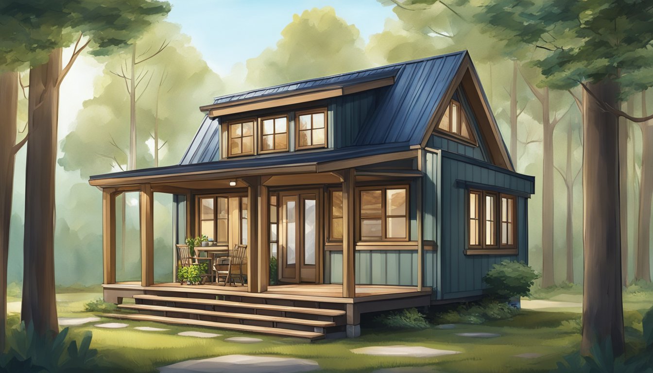 A tiny house surrounded by trees, with a porch and large windows