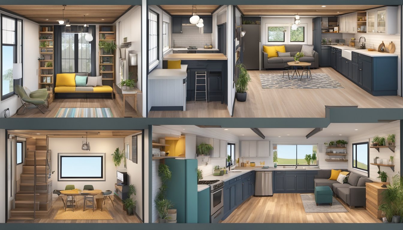 A tiny house with multiple floor plans, including a kitchen, living area, and bedroom loft