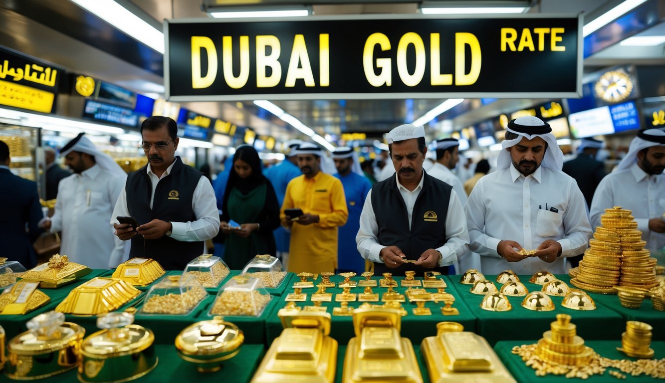 A bustling Dubai gold market with traders and customers, displaying various gold items, with a prominent sign indicating the current gold rate