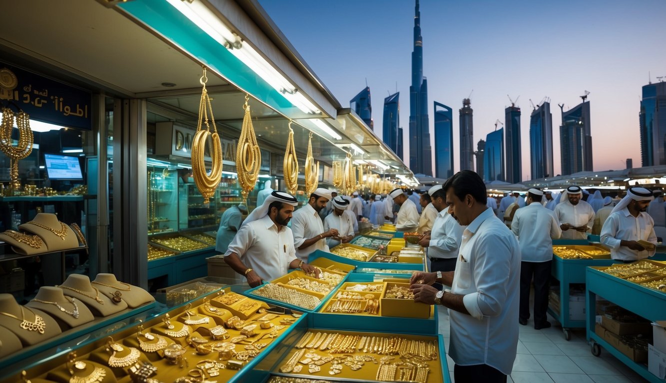 A bustling Dubai market scene with gold jewelry shops, traders, and investors. The city skyline looms in the background