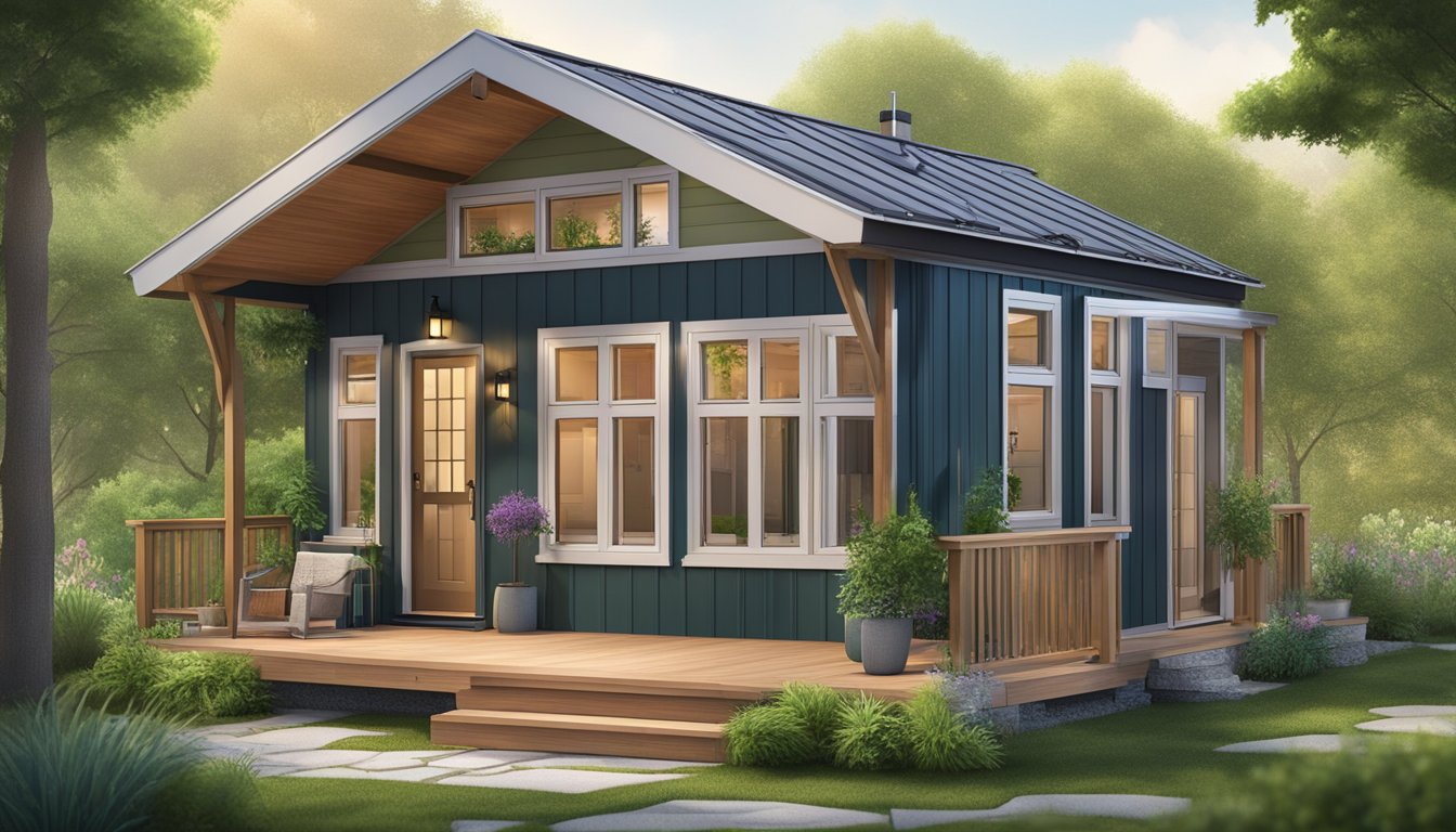 A cozy 2-bedroom tiny house with a sloped roof, large windows, and a front porch surrounded by lush greenery