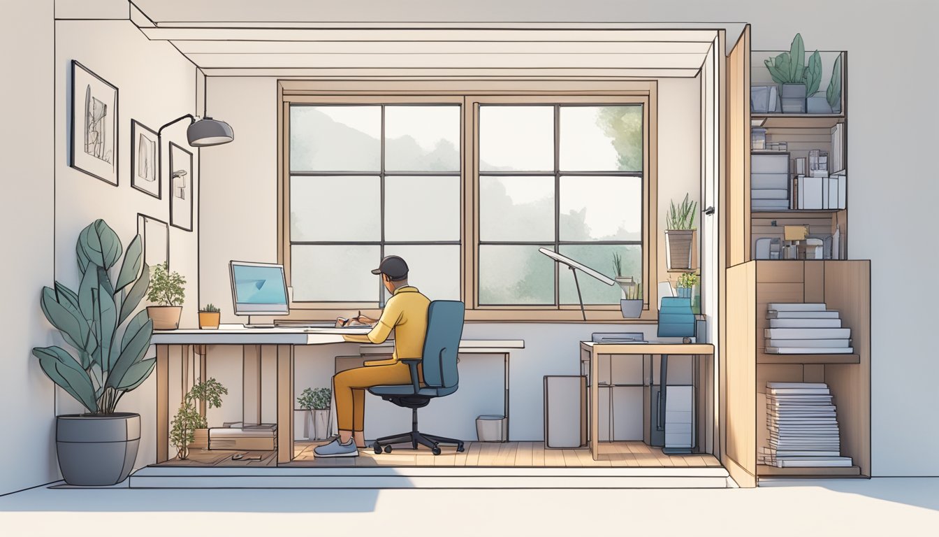 A 3D tiny house designer sitting at a desk, sketching and designing a miniature model of a modern, sustainable tiny house with a computer and drafting tools nearby