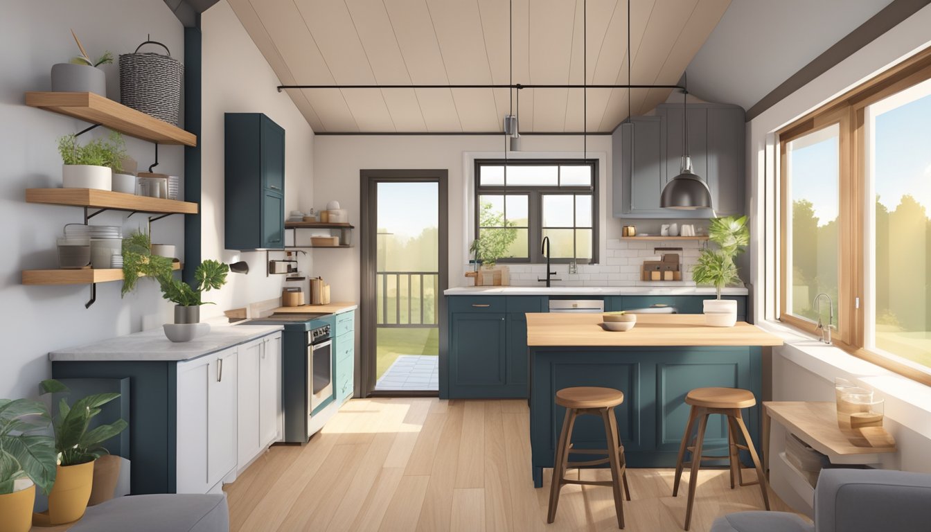 A cozy one-story tiny house with open floor plan, minimalistic furniture, and efficient use of space. Large windows bring in natural light