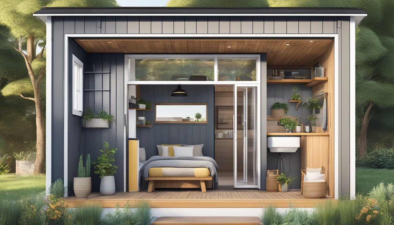 A cozy 2-bedroom tiny house with a compact kitchen, a small living area, and a bathroom with a standing shower