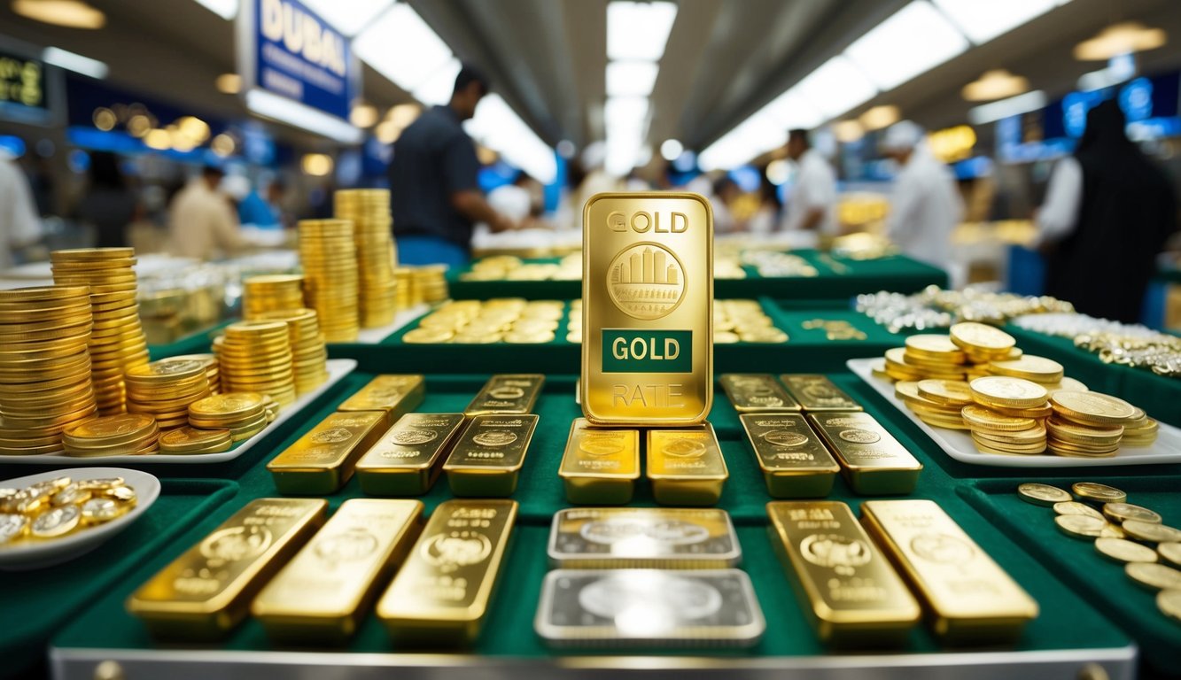 A bustling Dubai marketplace with various gold investment vehicles on display, including bars, coins, and jewelry. The gold rate prominently displayed