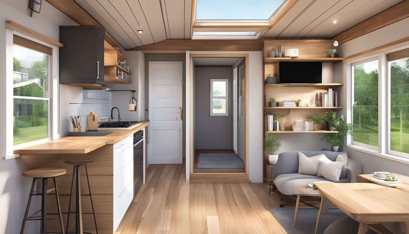 A 3D tiny house designer with intuitive, user-friendly features. Multiple windows and a spacious interior with modern furnishings and a sleek design