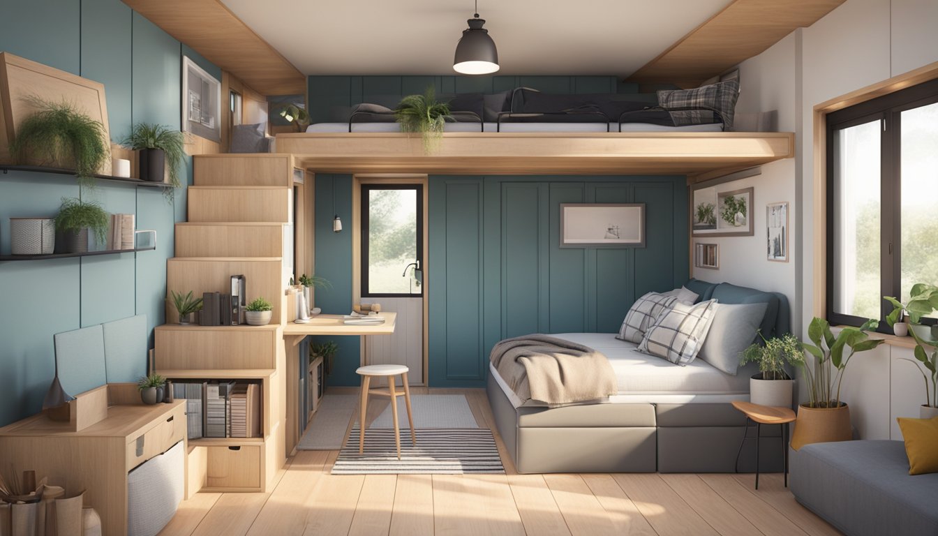 A cozy 2-bedroom tiny house with clever storage solutions and multifunctional furniture