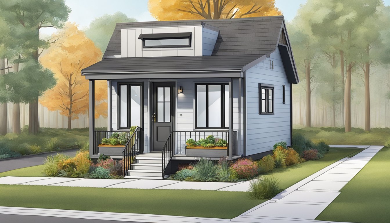 A 2-bedroom tiny house with a small front yard, surrounded by other similar houses. The house is designed to comply with zoning laws and legal requirements