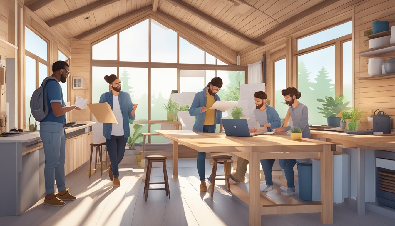 A team of professional tiny house builders collaborating with a 3D designer, discussing plans and blueprints in a well-lit studio