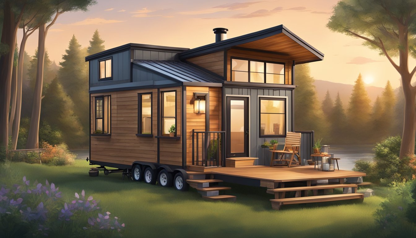 A cozy tiny house on wheels with a loft bedroom, a compact kitchen, and a small living area, surrounded by nature and a peaceful outdoor setting