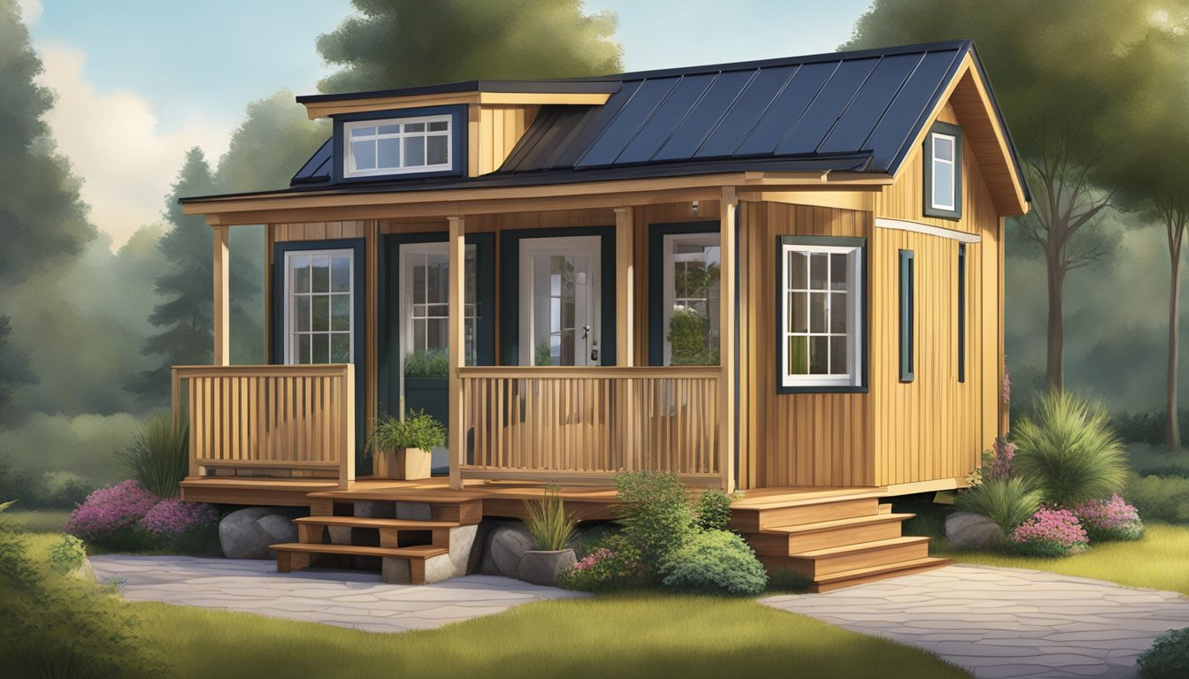 A cozy tiny house with a loft, featuring a compact floor plan, large windows, and a welcoming front porch