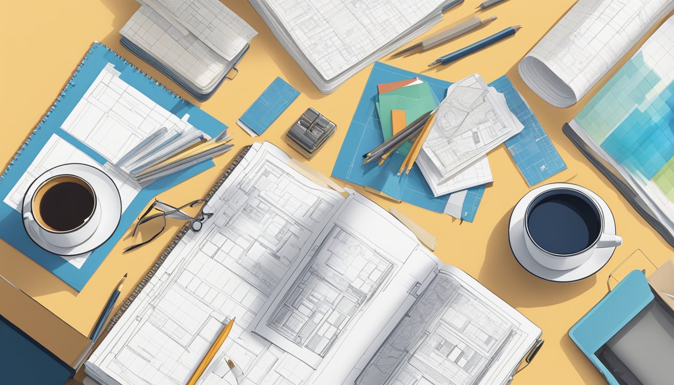 A person sitting at a desk with blueprints spread out, surrounded by design tools and reference books