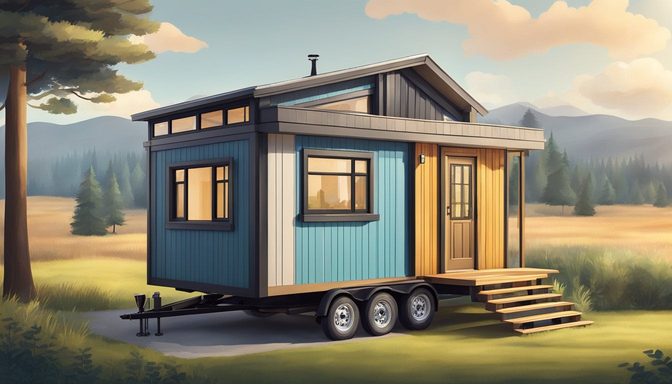 A tiny house on wheels parked in a serene natural setting, surrounded by trees and with a clear view of the sky