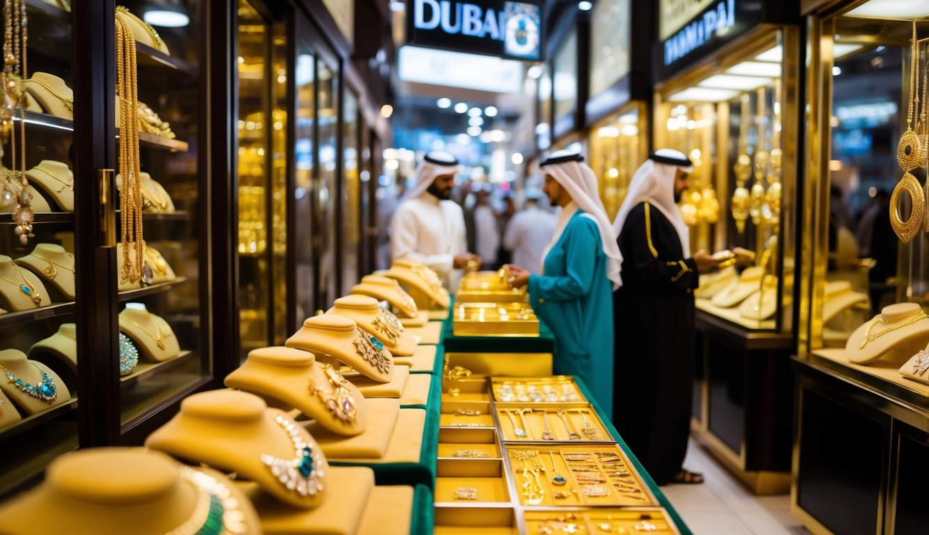 A bustling Dubai gold souk with gleaming jewelry shops and bustling traders, showcasing the city's reputation as a hub for gold investment