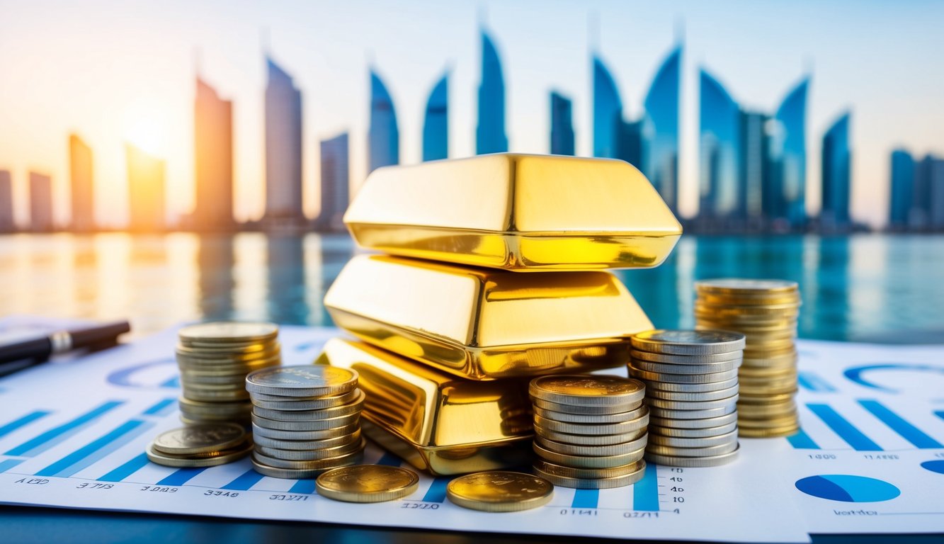 A stack of gleaming gold bars and coins surrounded by financial charts and graphs, with a backdrop of the Dubai skyline