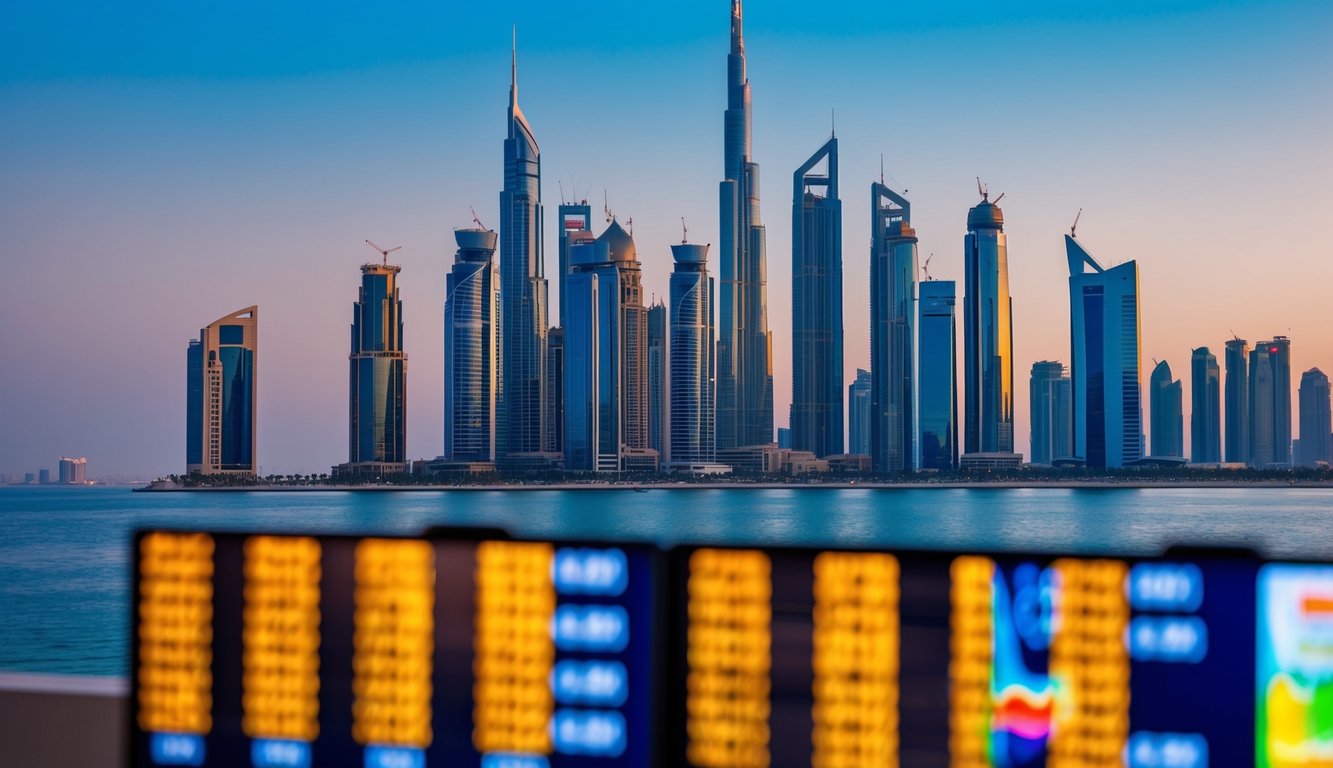 A bustling Dubai skyline with gold price charts and economic indicators displayed on digital screens